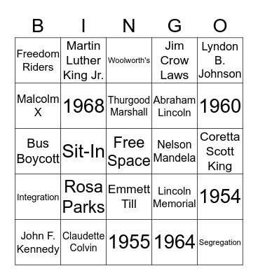 Civil Rights Movement Bingo Card