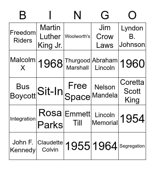 Civil Rights Movement Bingo Card