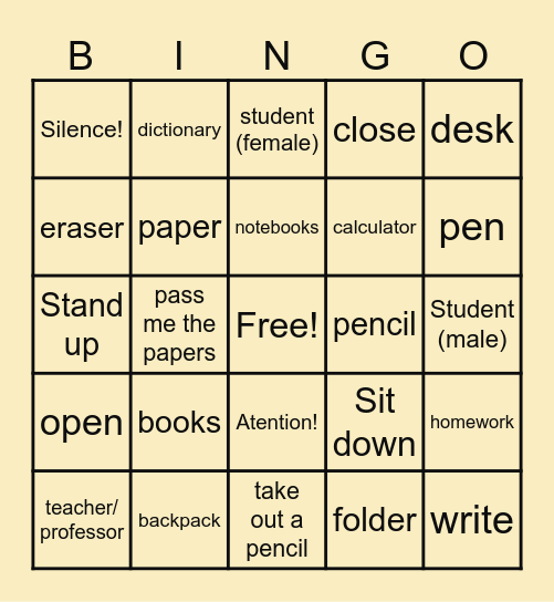 Classroom Phrases Bingo Card