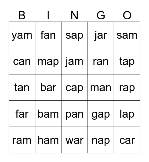 Word Family (am, an, ap, ar) Bingo Card