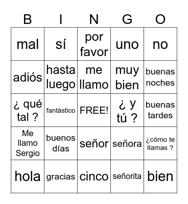 Spanish Greetings Bingo Card