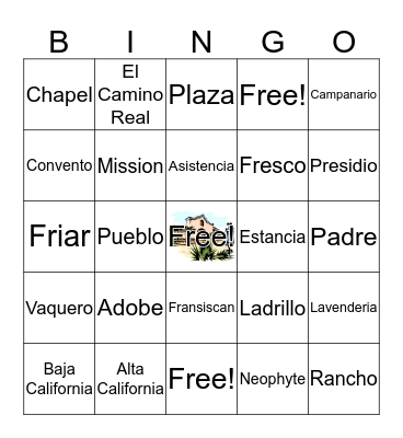 California Missions Vocabulary Bingo Card