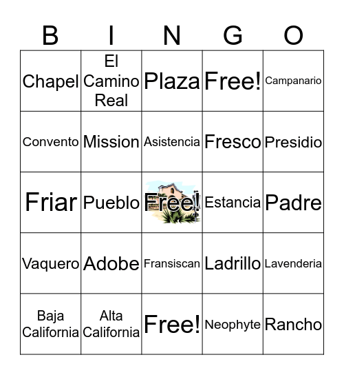 California Missions Vocabulary Bingo Card