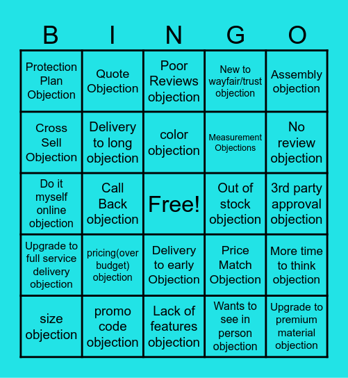 Sale Closing Objection Bingo Card