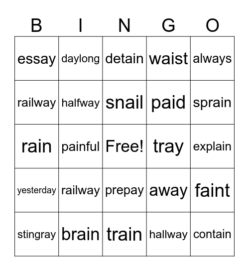 Ay/Ai words Bingo Card