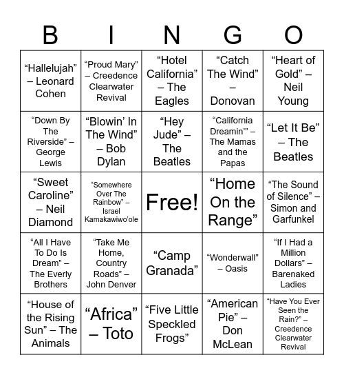 Camp & Bonfire Songs Bingo Card