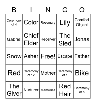 The Giver Bingo Card