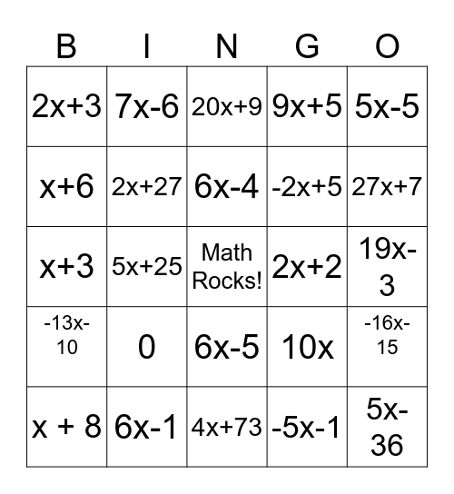 Combining Like Terms Bingo Card