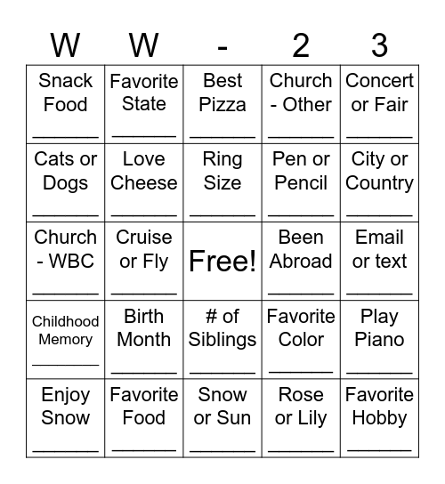 Women's Weekend "Getting to Know You" Bingo Card