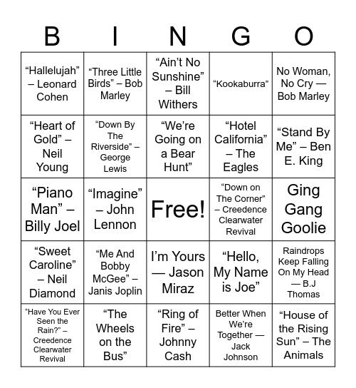 CAMP & BONFIRE SONGS Bingo Card