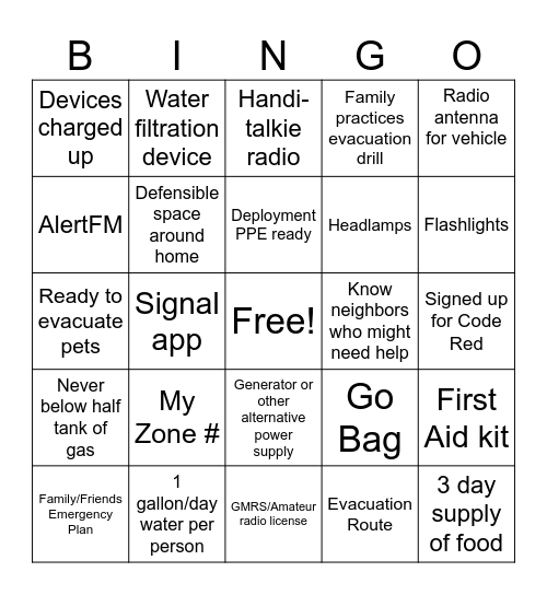 BCCERT Preparedness Bingo Card