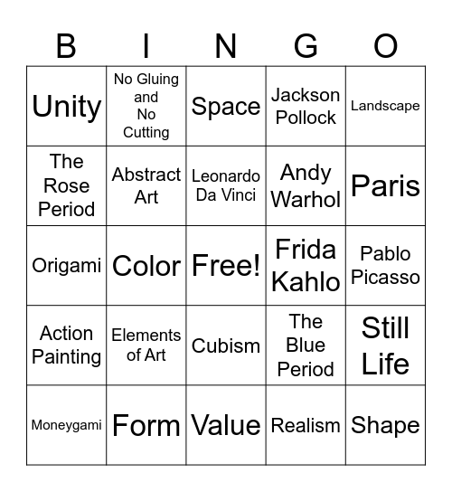 Visual Arts Bingo 2.0 (2-5) Bingo Card