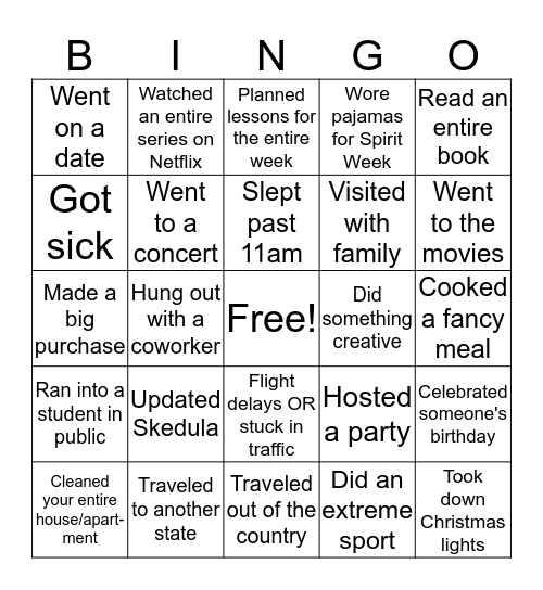 Mid-Winter Recess Bingo Card