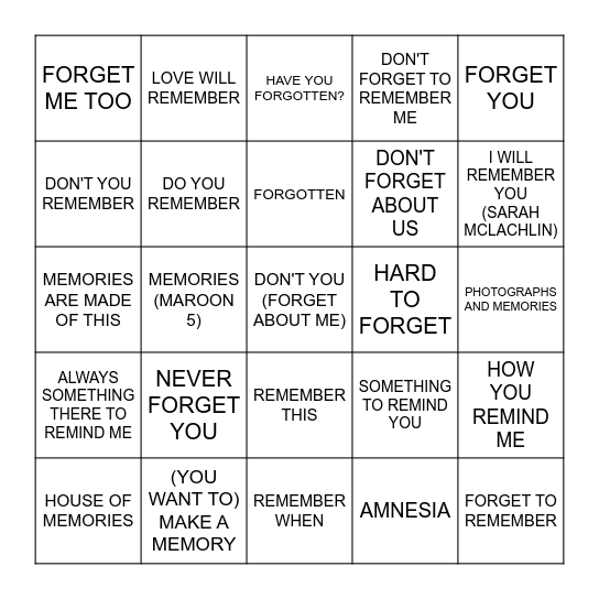 REMEMBER & FORGET Bingo Card