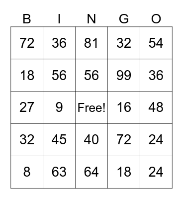 Multiplication BINGO Card