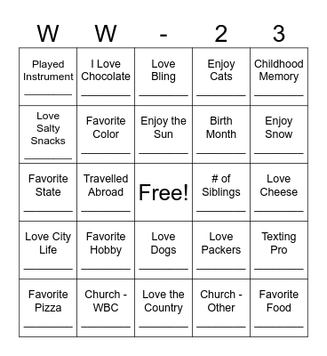 Women's Weekend 2023 Bingo Card