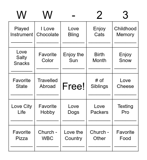 Women's Weekend 2023 Bingo Card