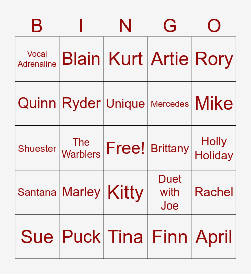 Glee Bingo Card