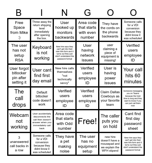 New Hire Bingo Card