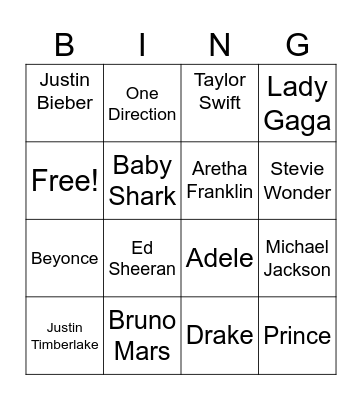 Pop Music Bingo Card