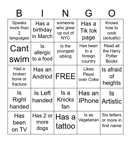 Icebreaker Bingo Card