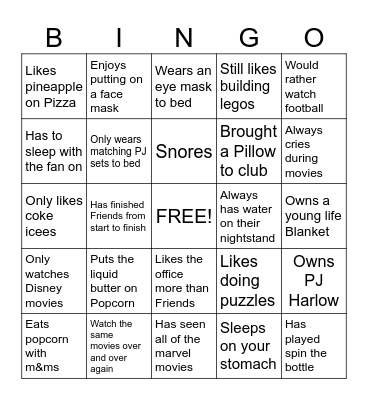 Sleepover Bingo Card