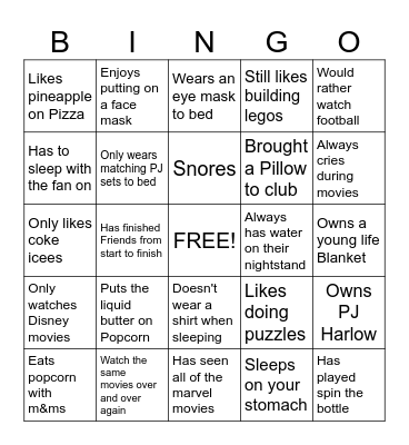 Sleepover Bingo Card