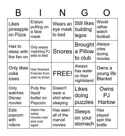 Sleepover Bingo Card