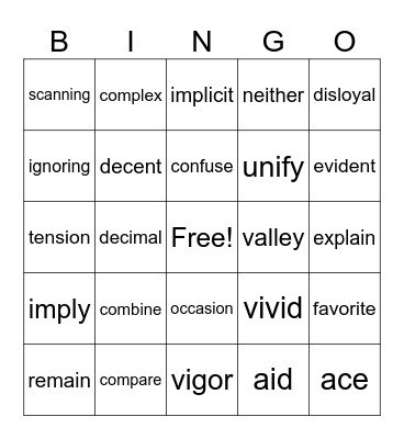 English Bingo Card
