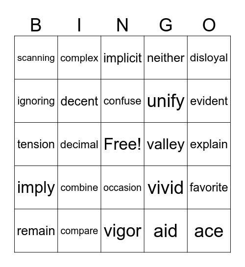 English Bingo Card