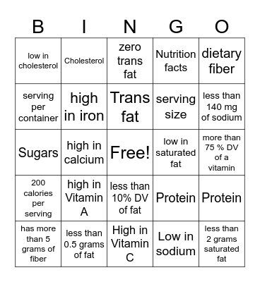 Food Label Bingo Card