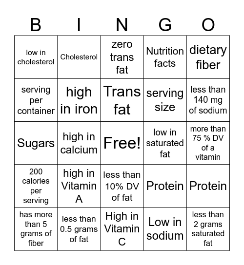 Food Label Bingo Card