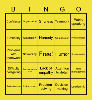 Strengths Vs Weakness Bingo Card