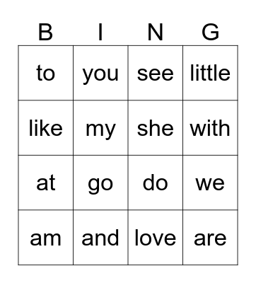 Kindergarten Heart Words Bingo Card