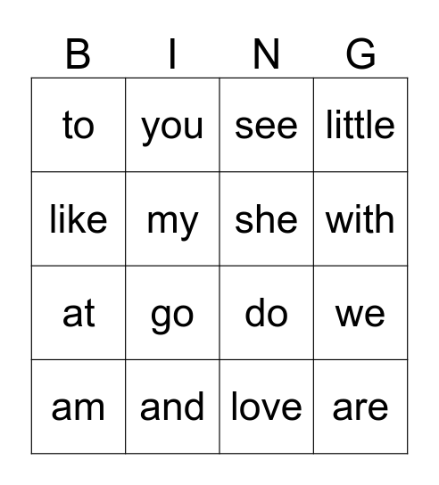 Kindergarten Heart Words Bingo Card