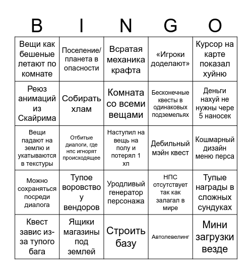 Всратые фичи Сратфилда бинго Bingo Card