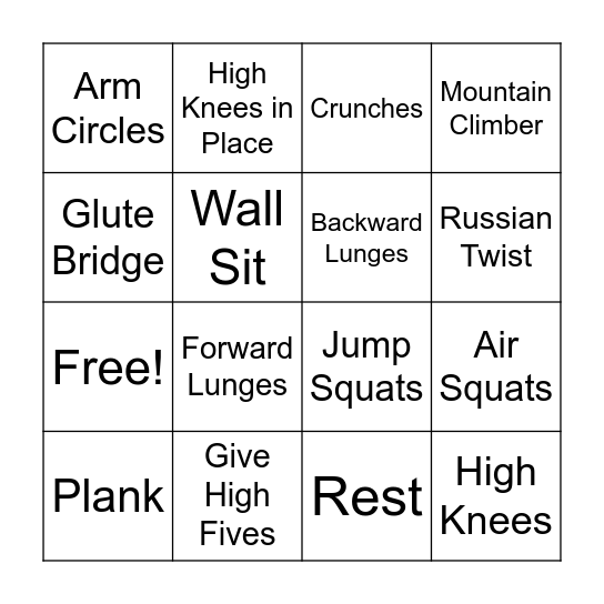 Fitness Bingo Card