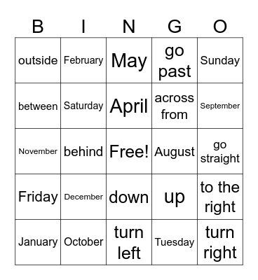 Months, Days, & Directions Bingo Card