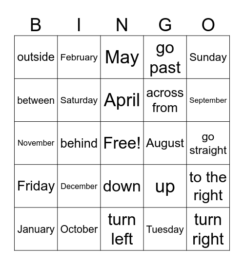 Months, Days, & Directions Bingo Card