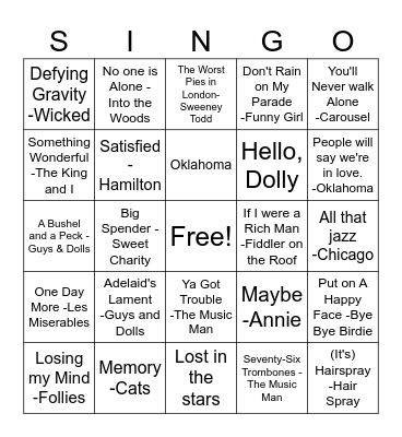 Broadway Hits Bingo Card