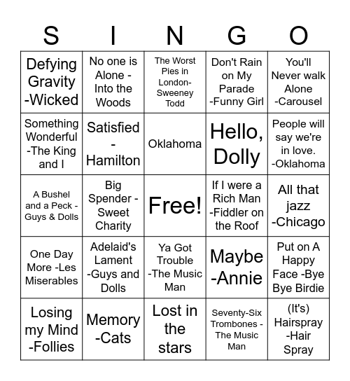 Broadway Hits Bingo Card