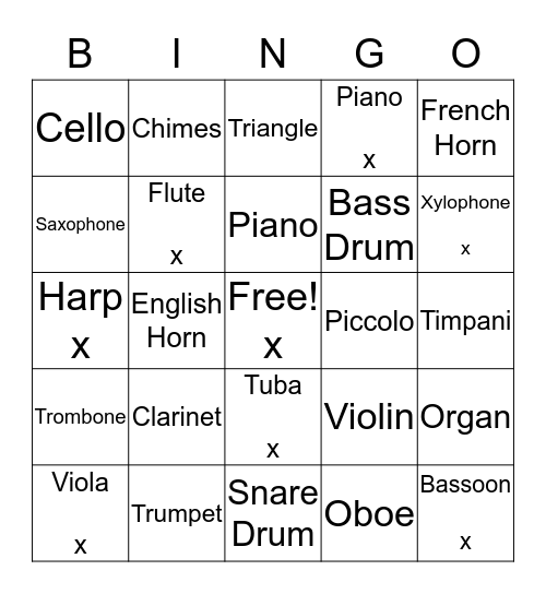 Instrument Bingo Card