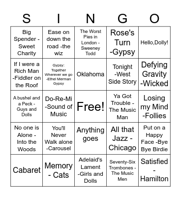Broadway Hits Bingo Card