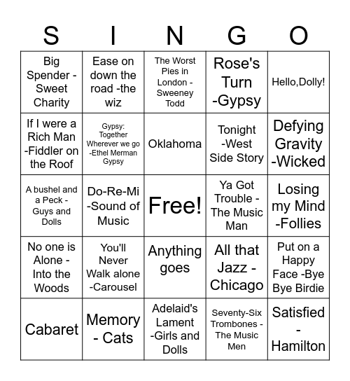 Broadway Hits Bingo Card