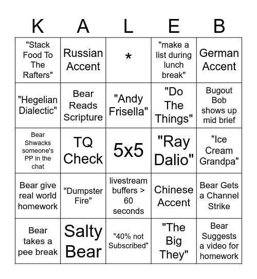 Bear Brief Bingo Card