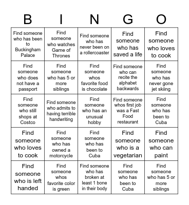 GET TO KNOW YOU Bingo Card