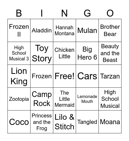 Disney Songs Bingo Card