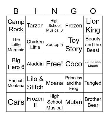 Disney Songs Bingo Card