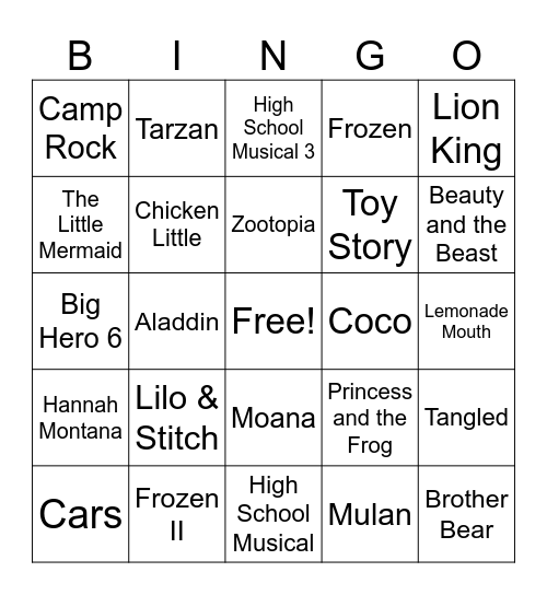 Disney Songs Bingo Card