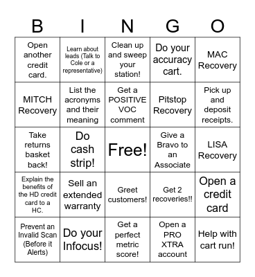 Cashier Bingo Card